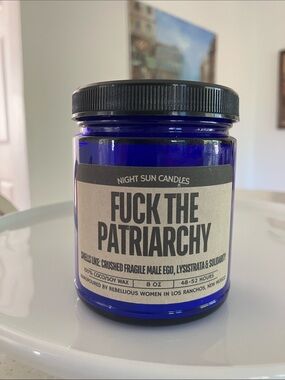 NWT "F*ck the Patriarchy" Soy Candle Blue Glass Jar